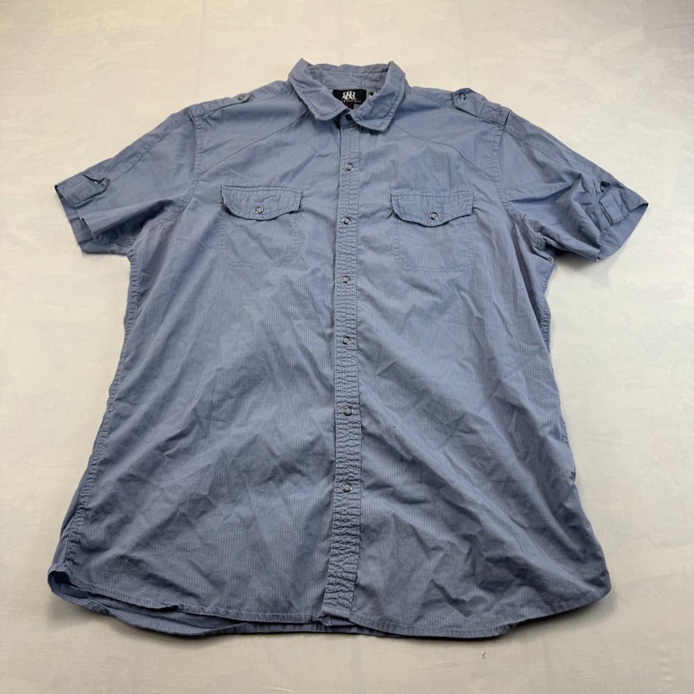 Rock & Republic Shirt Mens XL Blue Short Sleeve Collared Regular Fit Snap Front